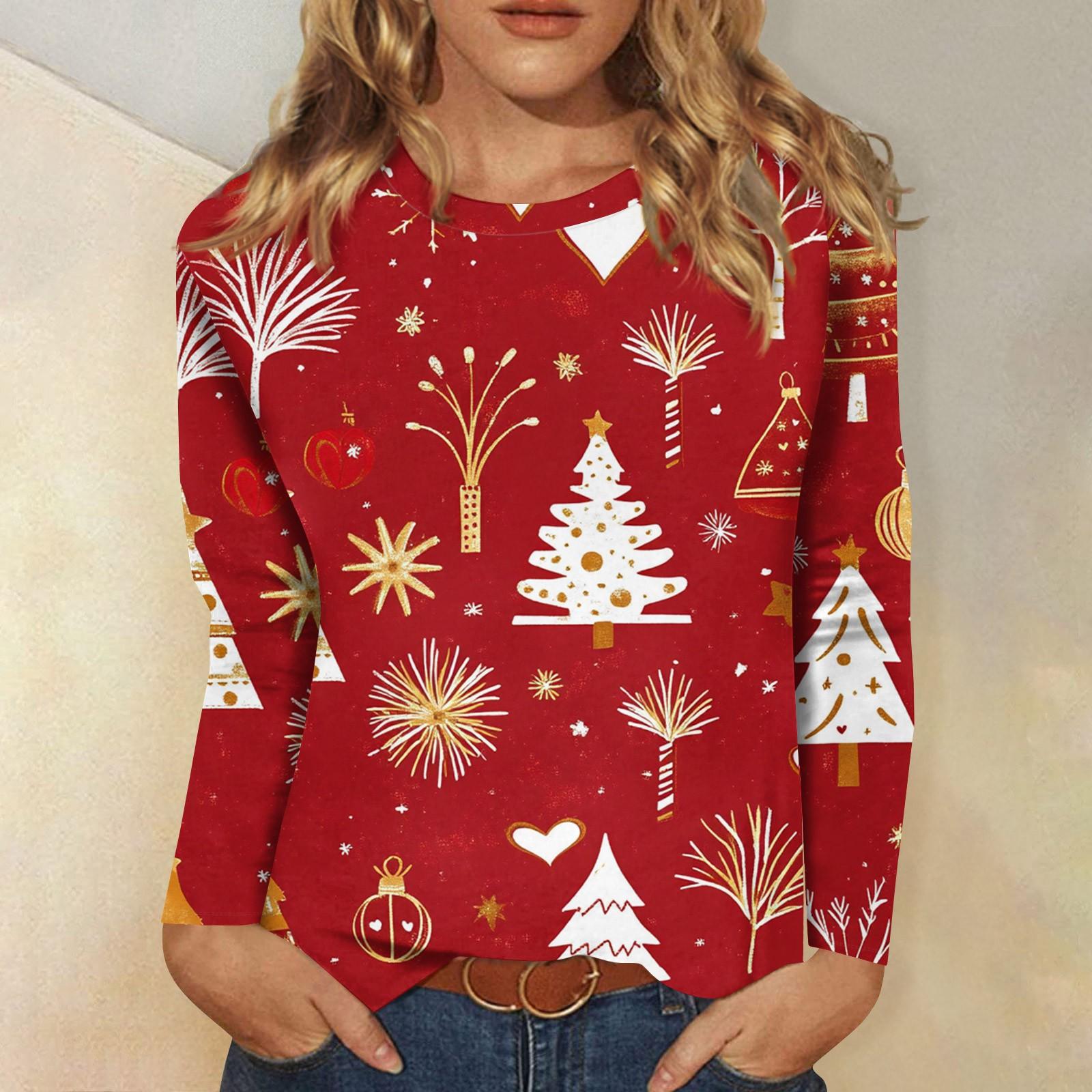 

Женская мода повседневный топ с длинным рукавом с рождественским принтом и круглым вырезом XXXL красный