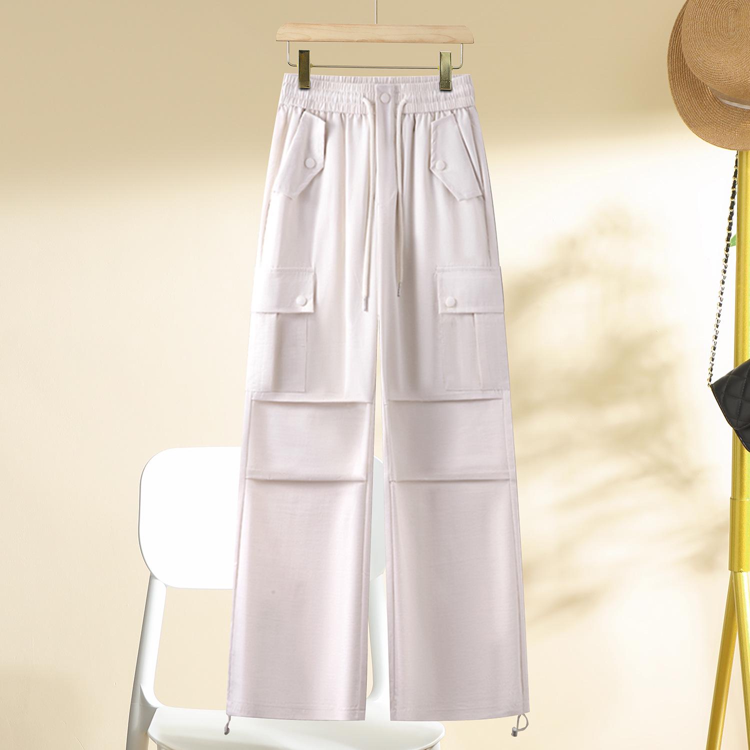 

2025 Women s Beige Elastic Waist Wide-Leg Cargo Pants with Multi-Pockets for Spring/Autumn. 28 (105-115 lbs) зелений