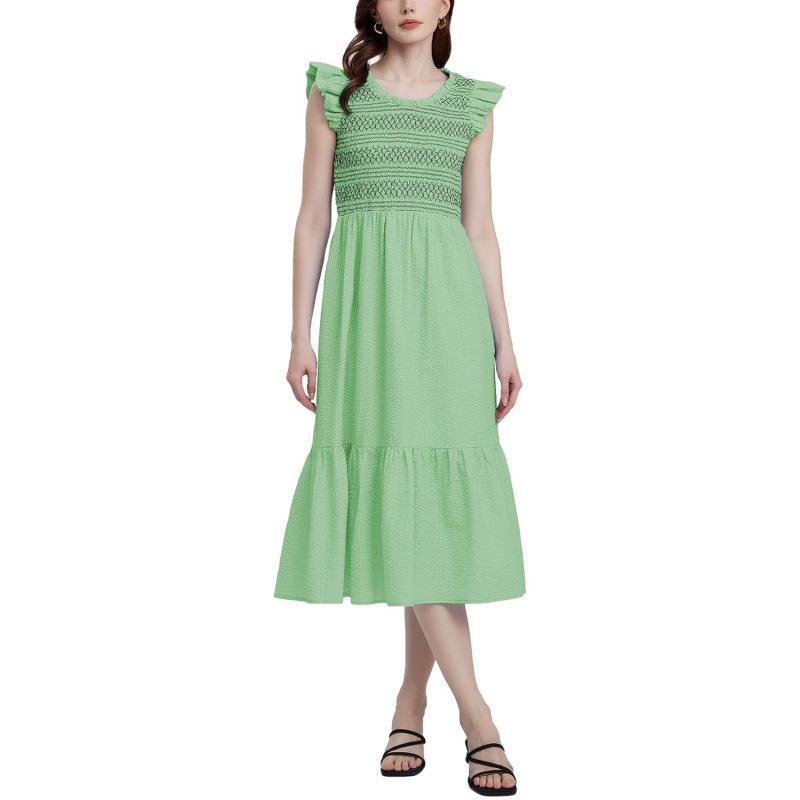 Pastoral 2026 summer embroidery pleated casual round neck high-end medium and long dress
