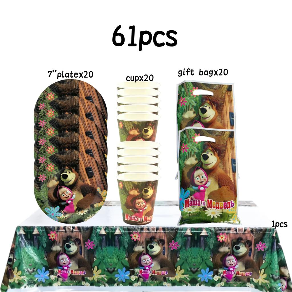 Dívka a medvěd Narozeninová sada Party dekorace Narozeninové talíře Ubrus Ubrousky Dárková taška Oslava pro miminko Party drobnosti Potřeby