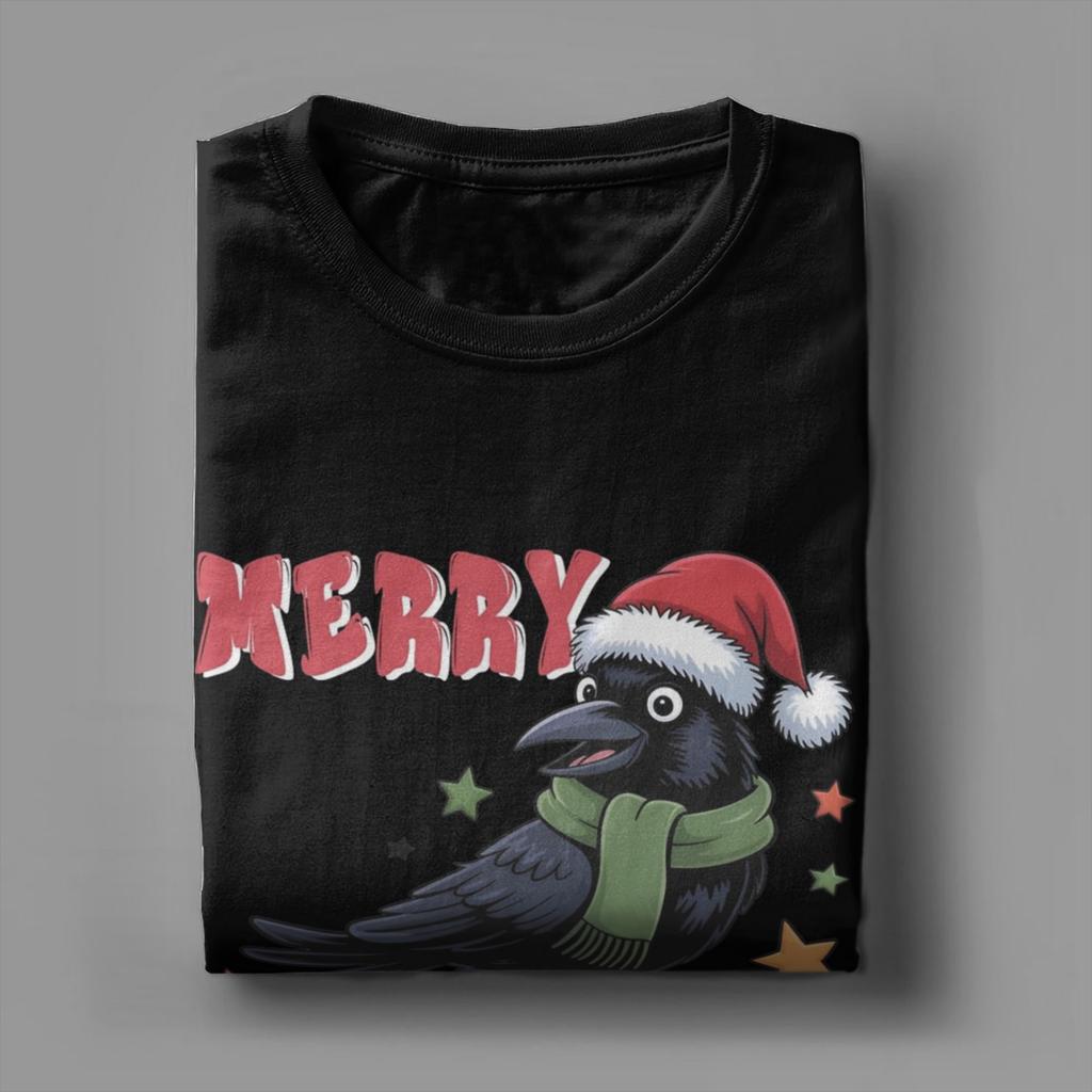 F-Caw-F Merry Christmas Crow T Shirts Men's Pure Cotton Funny T-Shirts Crew Neck Tees Short Sleeve Tops Original