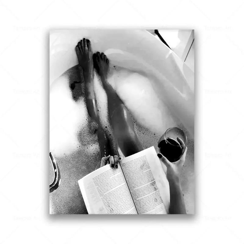Elegante Moderne Pop Wandkunst Sinnliche Frau in Schaumbad mit Rotwein HD Leinwanddruck Poster für Badezimmer Toilettendekoration