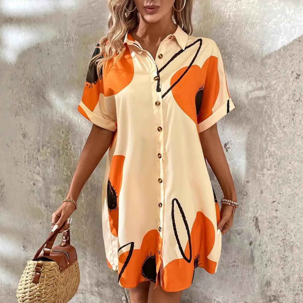 

Отпускное летящее платье-рубашка с принтом - Женское свободное повседневное платье-блузка 2XL оранжевый