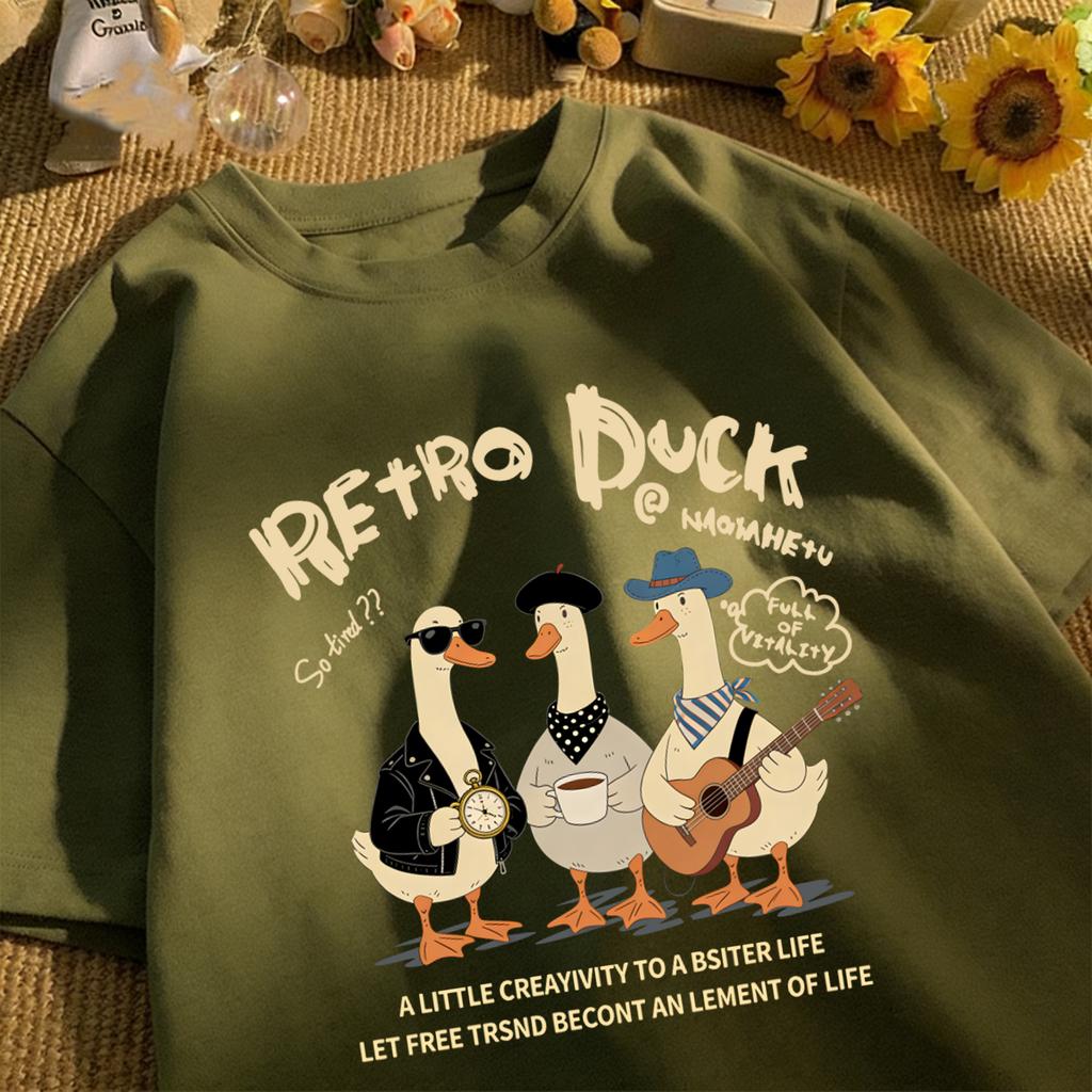 Retro Duck With Free Time Print Short Sleeve Unisex Cotton Fashion O-Neck Top Retro Basics Clothing Unisex Summer Loose Tee