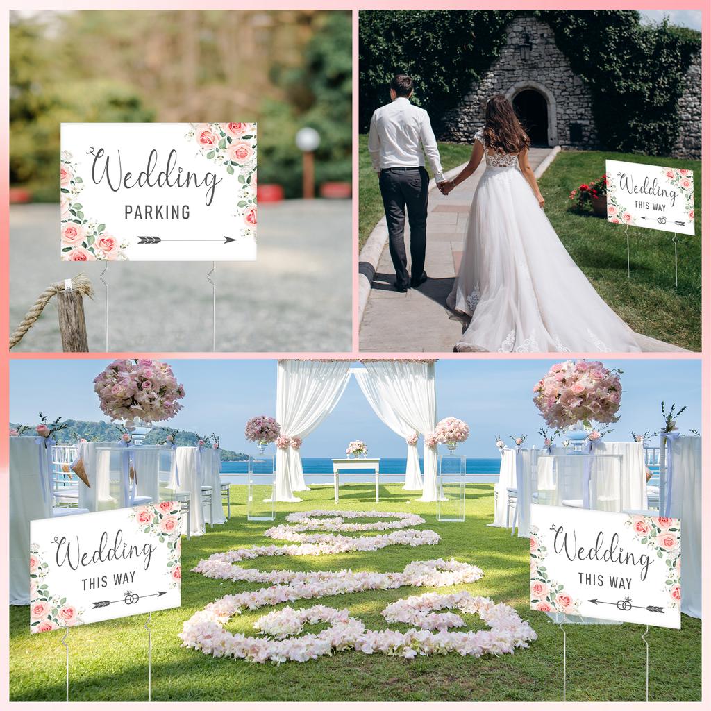 6 Pcs Wedding This Way Directional Road Sign Wedding Parking Directions Sign With 12 Pcs Stakes Welcome To Our Wedding Sign Doub