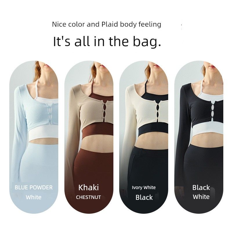 Export Semi-Fixed Cup Halterneck Fake Two-Piece Yoga Clothes Women's Long Sleeve Short Breathable Workout Clothes Sports Tops Spring & Fall