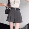 Women's Gray Pleated Skirt Shorts: Summer 2024 High Waist Loose Wide-Leg Hot Pants.