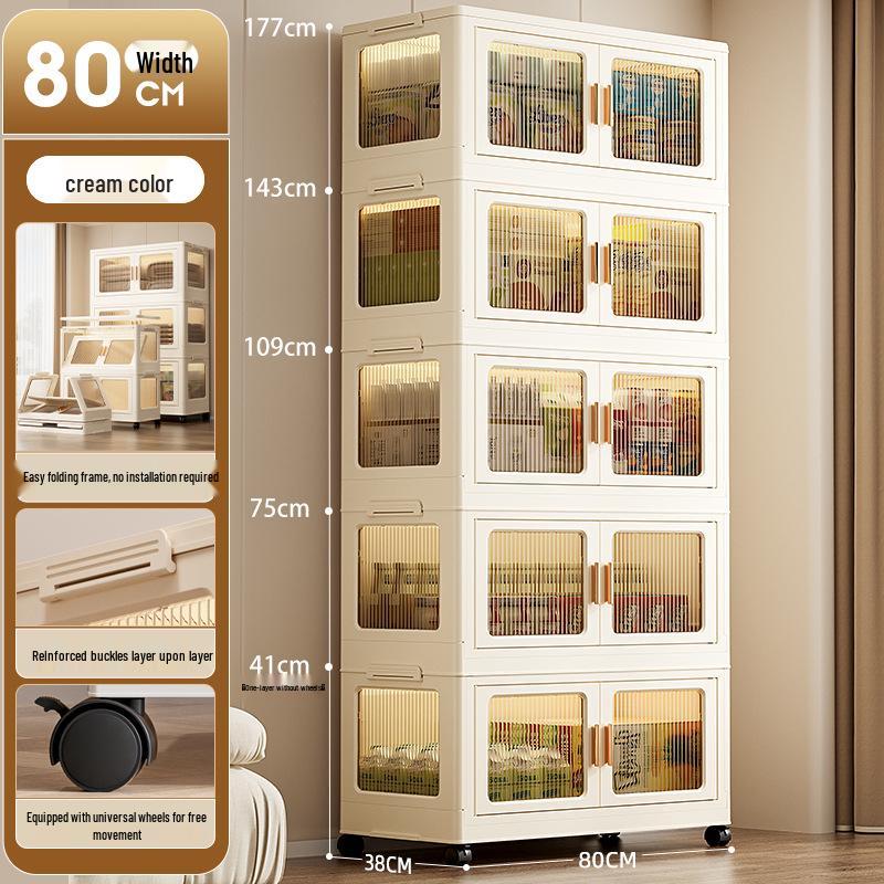 Movable Multi-Layer Folding Storage Cabinet: No-Installation Plastic Organizer for Bedroom and Living Room