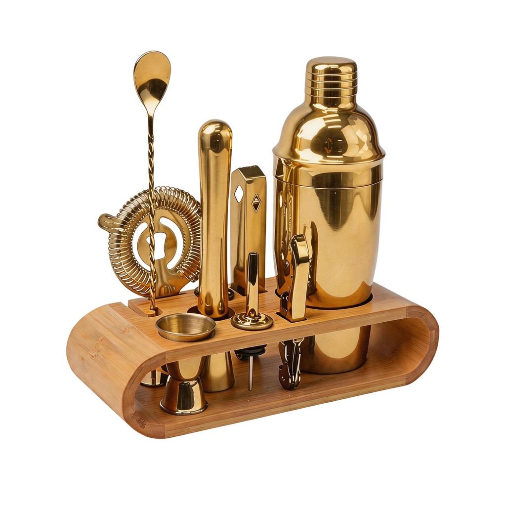 Bartender Barware Set: Wooden Cocktail Tools with Bamboo Storage Base and Stainless Steel Shaker