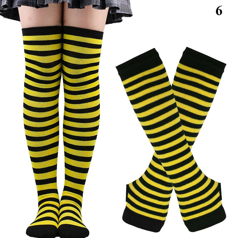 Y2K Women Girls Over Knee Long Stripe Printed Thigh High Cotton Socks Arm Sleeve Gloves 1 Set Overknee Socks Long Gloves 2024