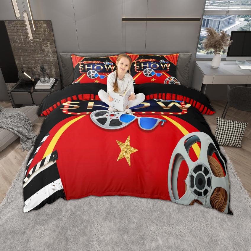 Homewish Vintage Movie Theatre Duvet Cover Set 2Pcs/3Pcs Retro Cinema Popcorn Bedding Film Theme Quilt Cover Set