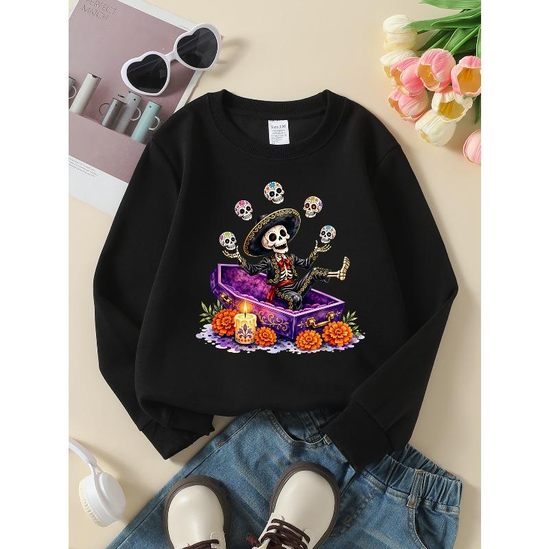 Girls' Long-Sleeve Round Neck Sweatshirt with Printed Design Day of The Dead Skeleton Suitable for Spring And Autumn, Fashionable And Casual