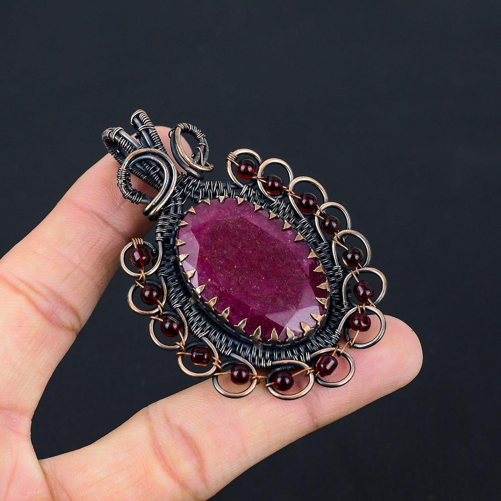 Gorgeous Red Ruby Gemstone Pure Copper Wire Wrapped Handmade Pendant Jewelry