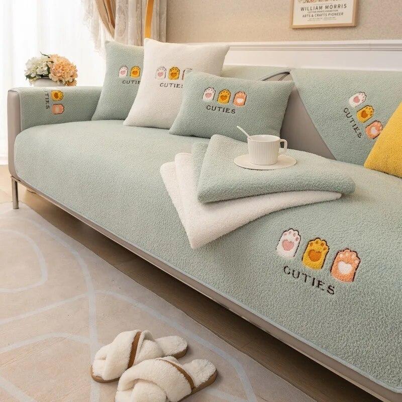 Cartoon Lamb Wool Sofa Cushion Winter Non-Slip Embroidery Plush Cushion Living Room Sofa Cover Thickened Warm Cover Cloth