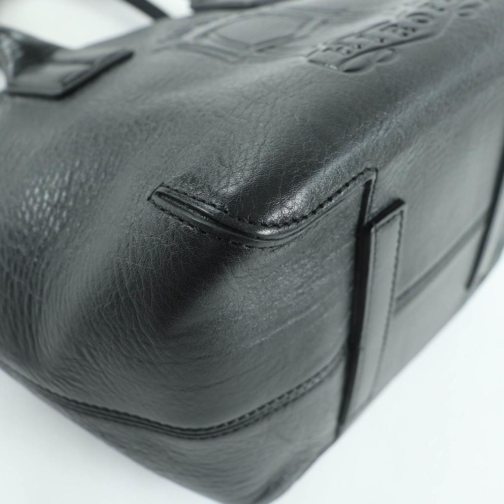 Great HIROFU Handbag Front Logo All Leather Tote Bag Black Leather Women Used