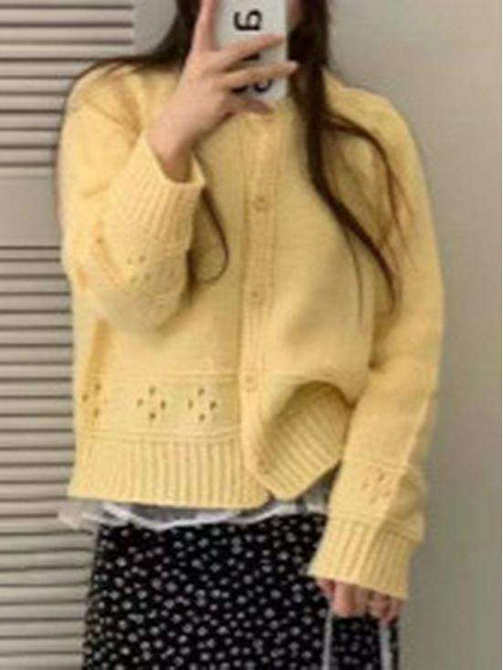 

Корейское трендовое свободное однобортное пальто: Женский вязаный кардиган с круглым вырезом и ажурной вязкой на осень/зиму One Size [80-130] жёлтый