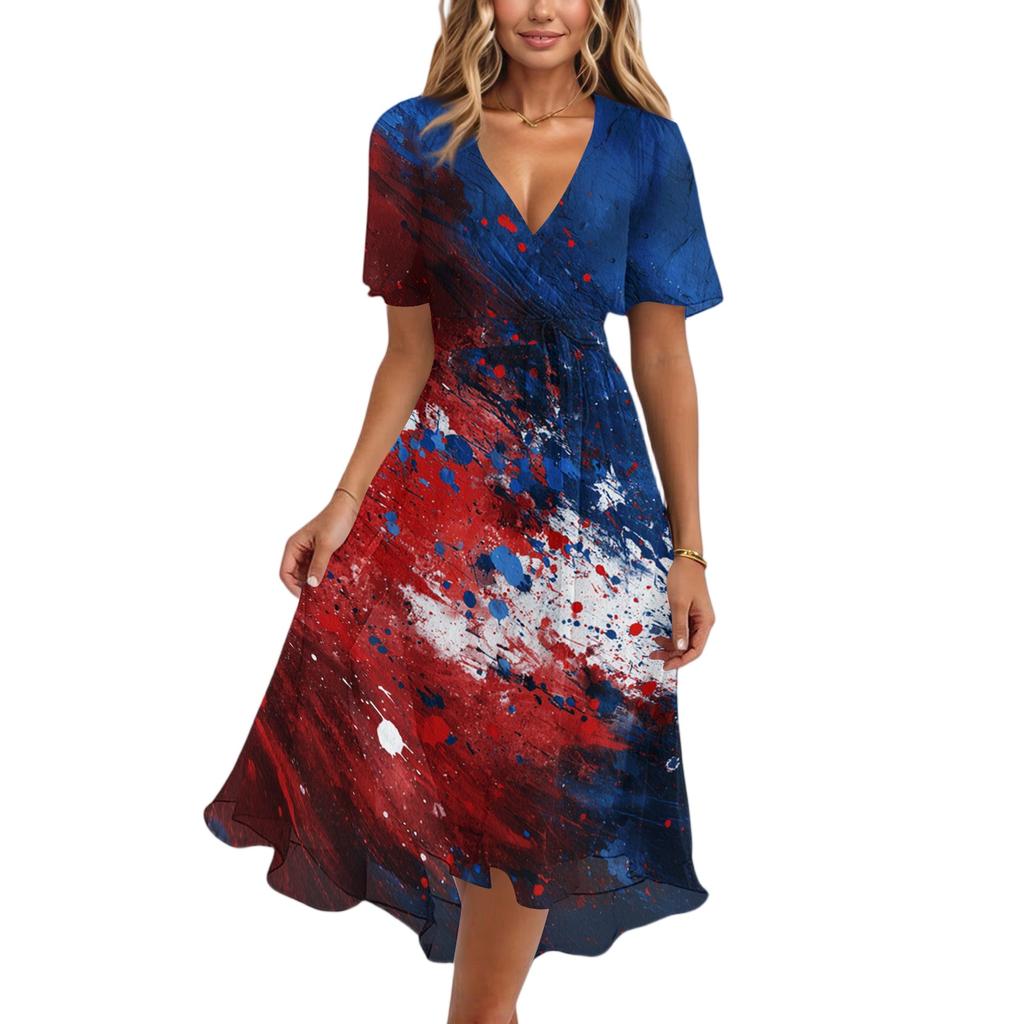 Women’s Casual V Neck Short Sleeve Midi Dress with Abstract Print and Flowy Hem for Everyday Comfort