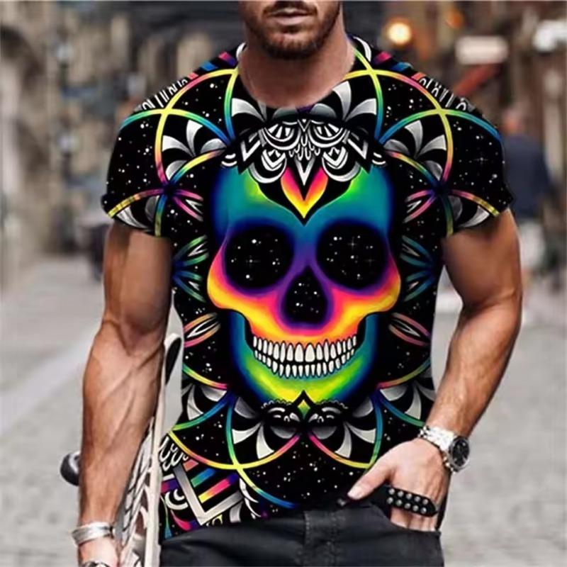 Men's Casual T-Shirt Skull Graphic Black Short Sleeve Crew Neck Tee Cool Streetwear Halloween Fashion Top