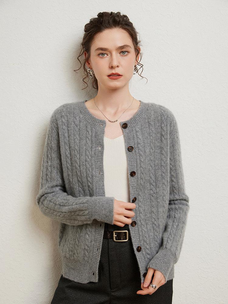 Women's Seven-Stitch Cable Knit Cashmere Cardigan - Long Sleeve, Loose Fit, Slimming, Warm, Round Neck, Single-Breasted