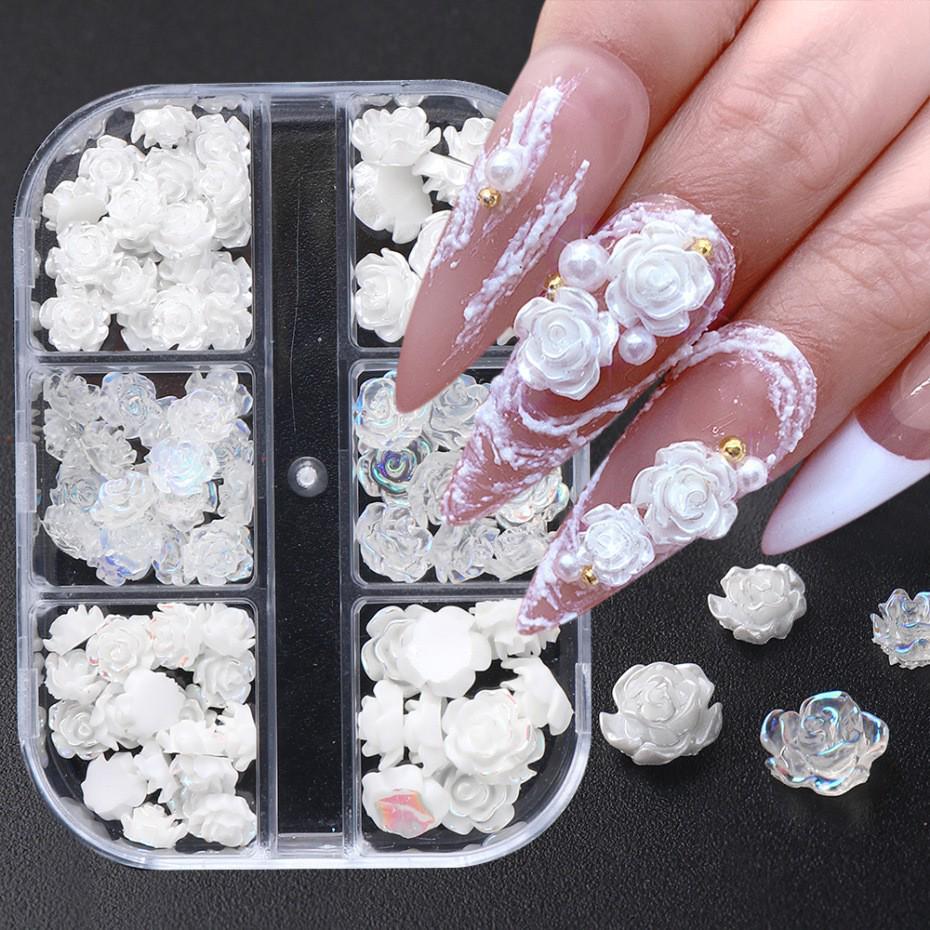 Boxed Set of 90 Camellia Resin Rhinestones for Nail Art - Iridescent 3D Flower Decorations In Various Sizes.