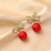 Valentine'S Day Red Faux Pearl Pendant Exquisite Bow Design Shiny Zirconia Inlaid Dangle Earrings Elegant Simple Style Delicate Female Earrings