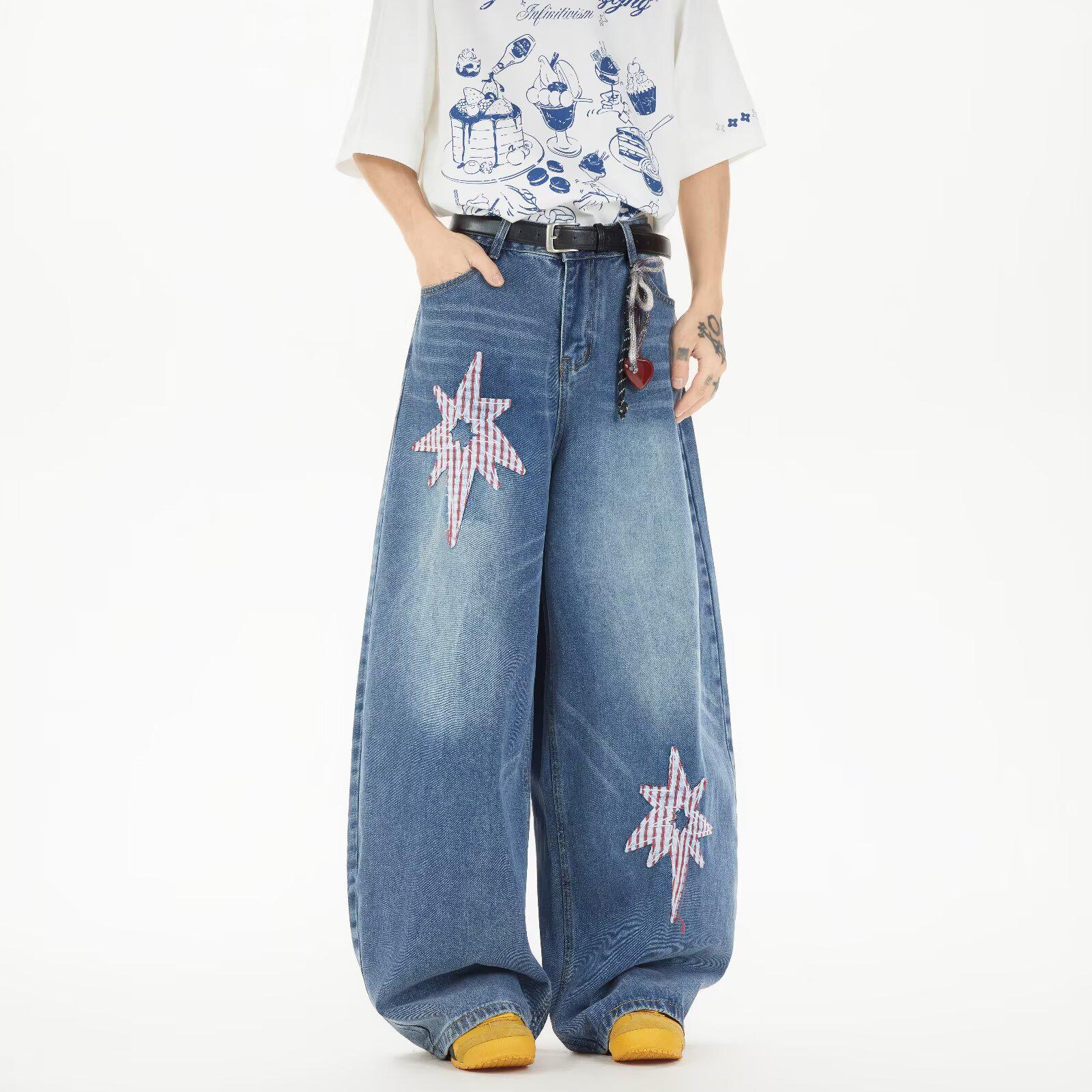 American Retro 2025 Curved Knife Denim Jeans: Unisex Loose Wide-Leg Pants XXXL синий