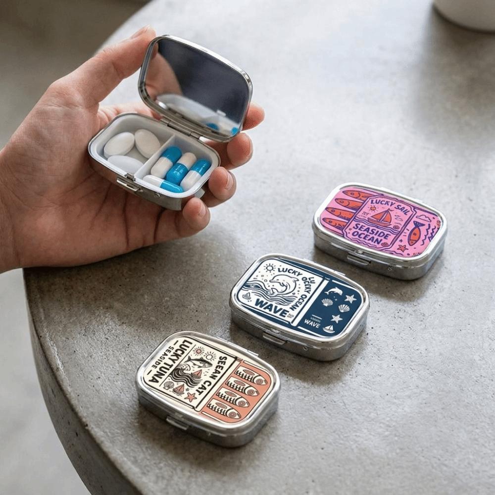 Metal Sardine Print Pill Box Mini Pocket Pill Case Portable Sardine Jewelry Box  Travel