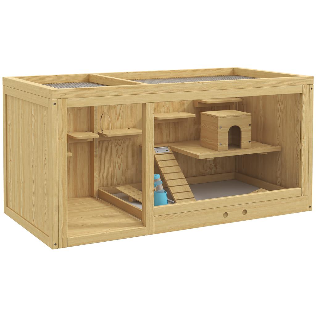 Small Animal Cage/gnawing Cage, Fir Wood, Including Accessories and Water Bottle, 100 X 50 X 50 Cm, Natural