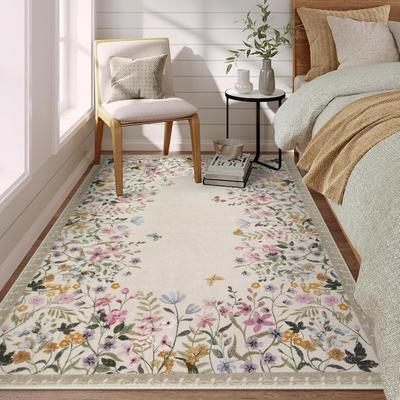 Alfombra para Dormitorio Estampado Floral Área Alfombra para Sala de Estar Antideslizante Lavable a Máquina Felpudo Suave Alfombras de Noche Tapis Alfombra