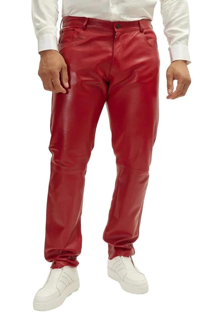 Stylish Men Jean's Genuine Red High Track Leather Lambskin Quality Wear Pant's