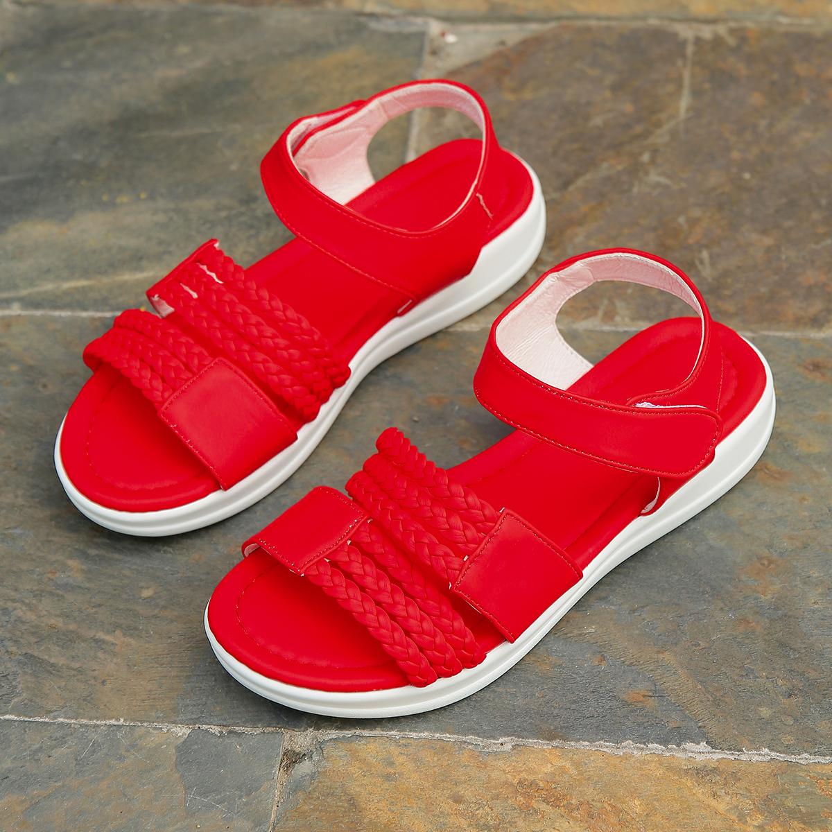 

Женские сандалии, модные сандалии с открытым носком, красочные тканые ремешки, богемные пляжные тапочки на плоской подошве, повседневные тапочки, женская обувь 40 красный