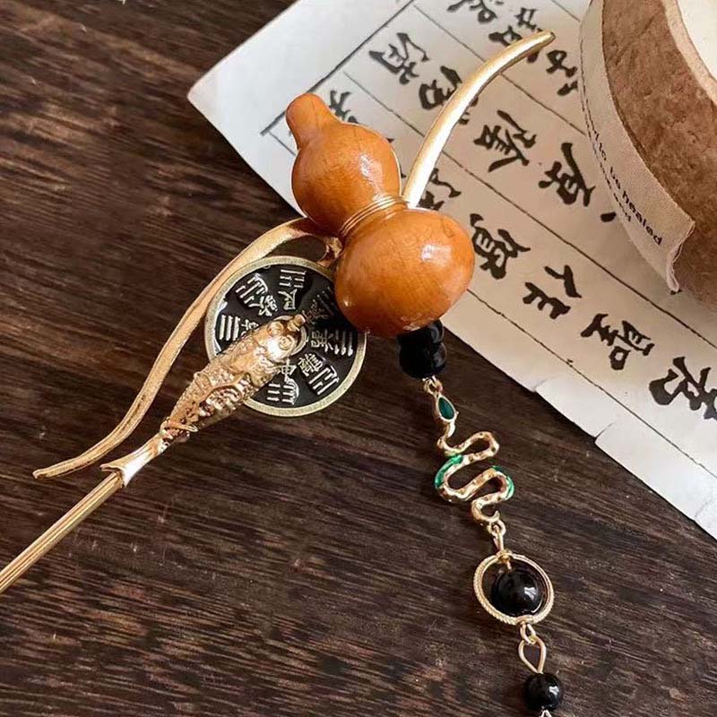 Chinese Style Hulu Hair Stick for Women Girls Vintage Snake Shape Long Tassel Hair Clip Fashion Hanfu Clothing Hair Accessories