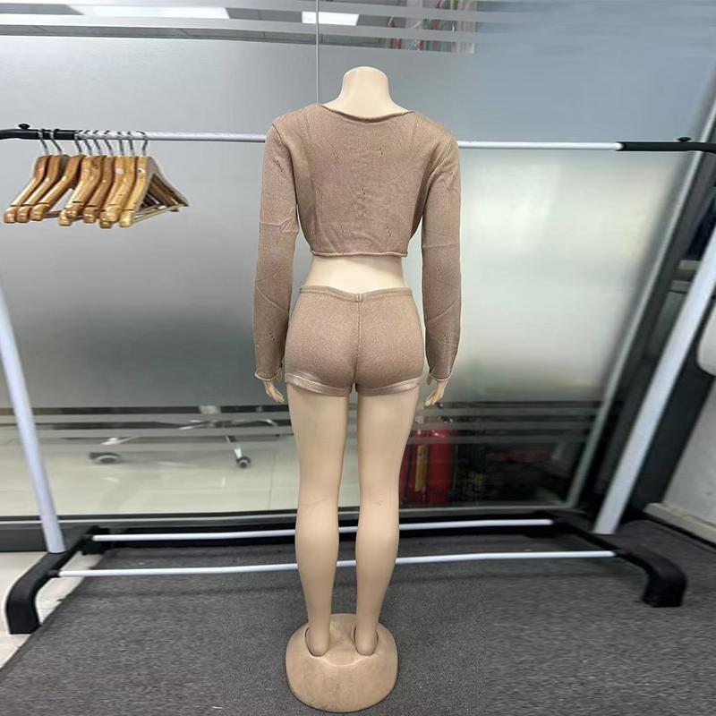 Casual Knit Shorts Suits Women O Neck Long Sleeves Bandage Tops Sets Female Spring Summer Lady Beach Sets 2 Pieces