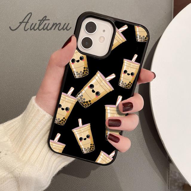 Niedliches Gesicht Boba Muster Handyhülle für iPhone 11 12 13 14 Pro Max mini XR XS SE 2020 7 8 Plus Samsung Galaxy S21 S22 Hülle