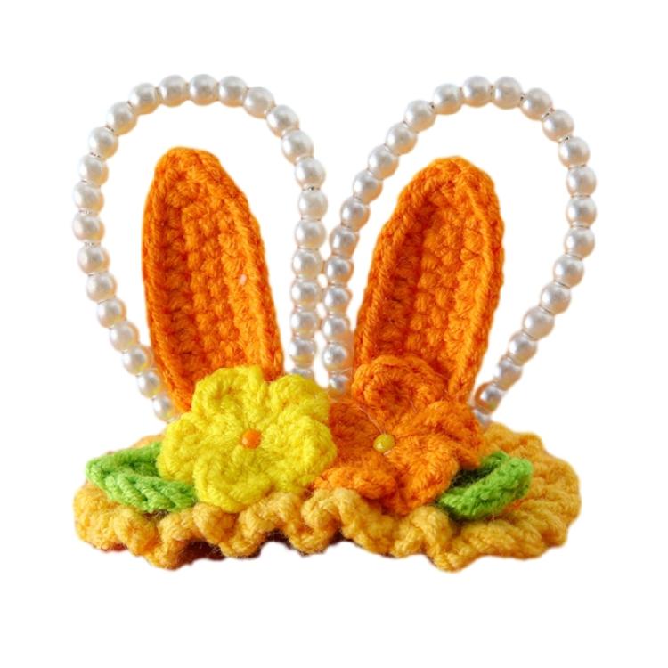 

Lovely Knitted Hair Clip Handmade Crochet Rabbit Ear Shaped Hairpin with Pearls