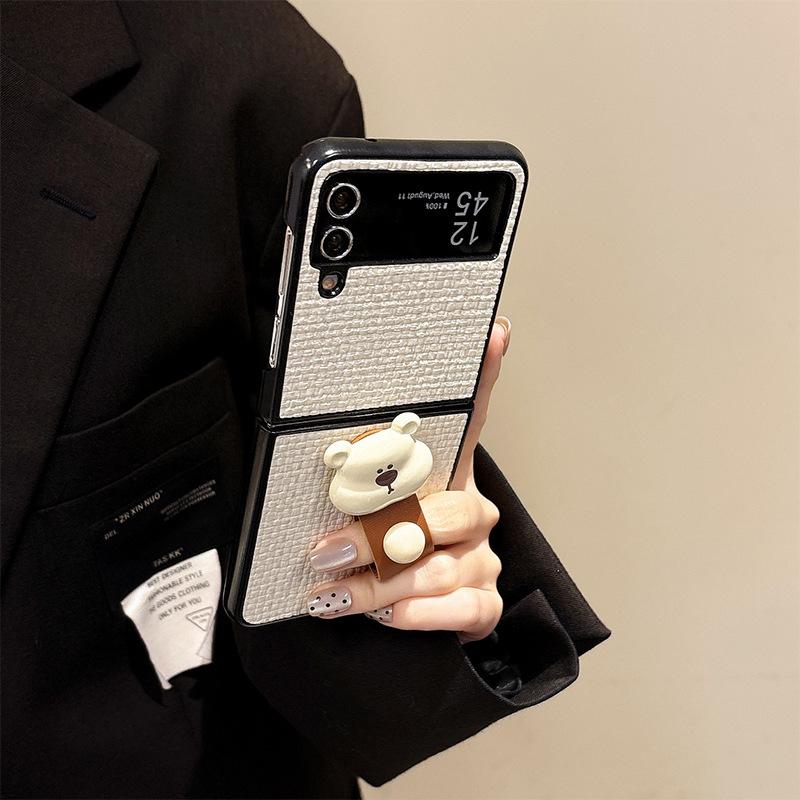 Bear Ring Buckle Mobile Phone Case for Samsung Zflip6 Folding Screen Flip Zflod Leather Case Pocket2 Light Luxury