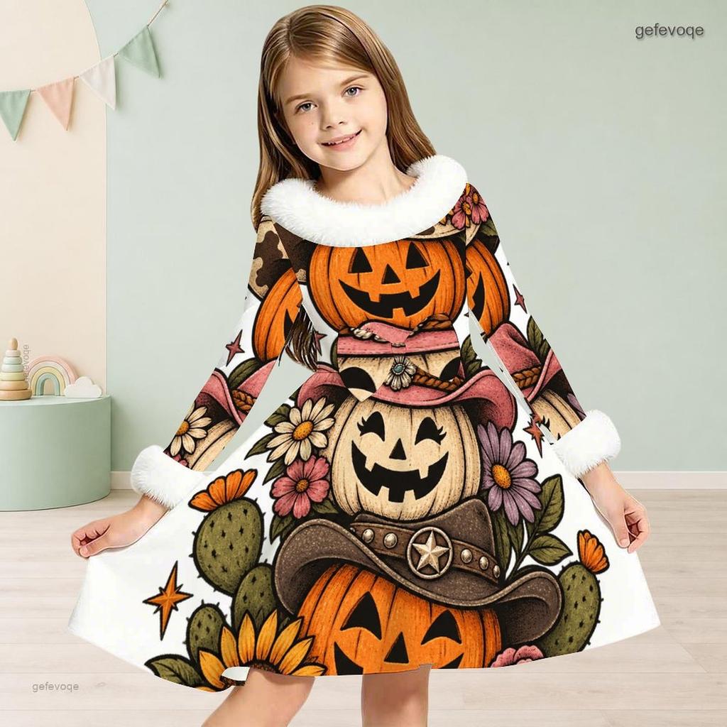 Girls High Neck Long Sleeve Halloween Hedgehog Printed Fluffy Trim Tie Waist A Line Flared Dress