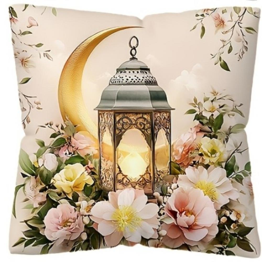 Ramadan Cushion Covers Lantern Floral Designs with Green Plants Printed Square Pillowcase Zipper Closure for Living Room Decor
