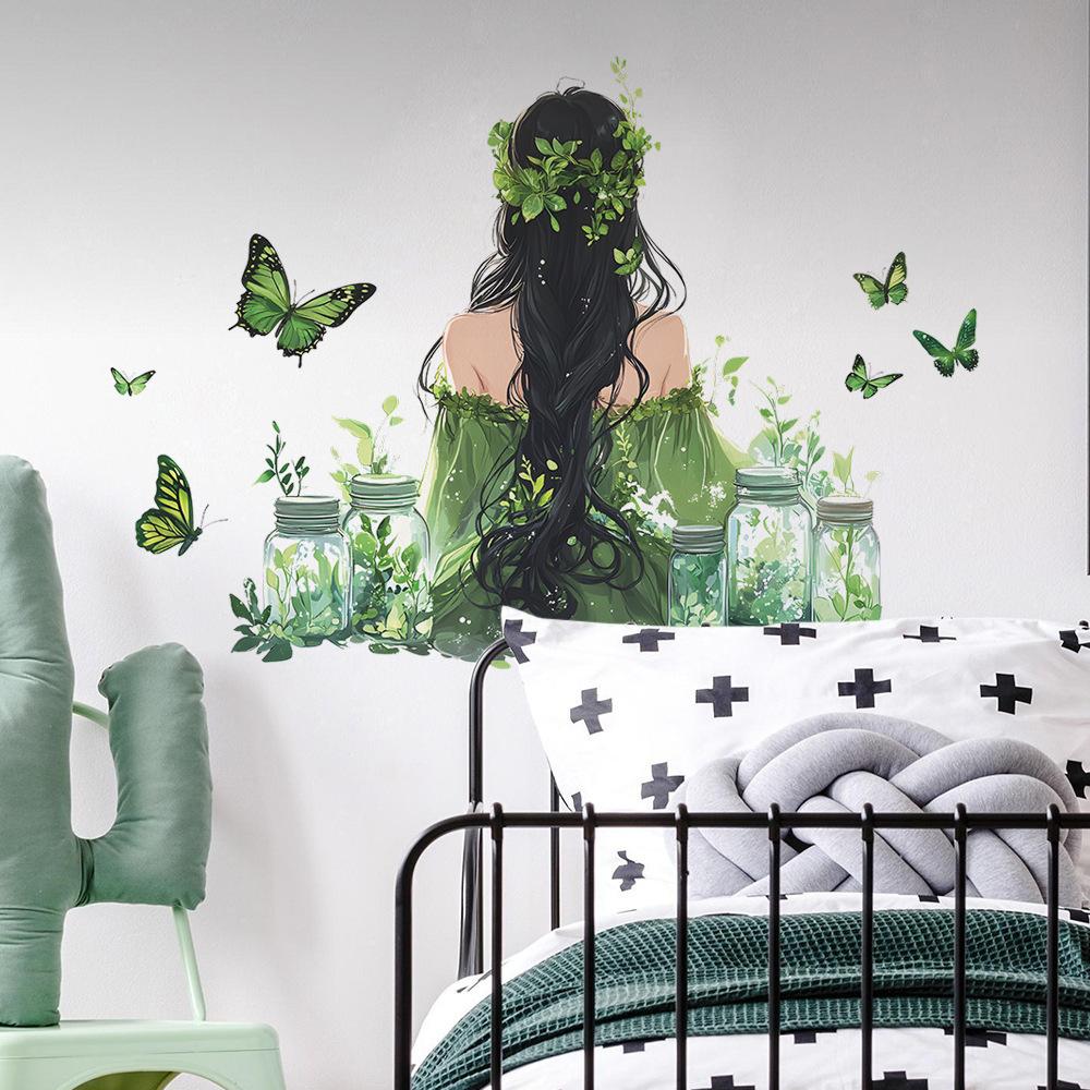 Watercolor Back Girl Butterfly Wall Sticker Living Room Bedroom Home Wall Background Beautification Decorative Wall Sticker Self-adhesive