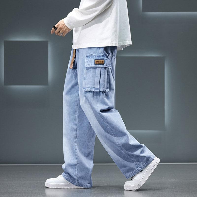 Men Autumn Wide Leg Washing Jean Pants Men Trousers Neutral Solid Color Loose Casual Fashion Pocket Cargo Pants Big Size