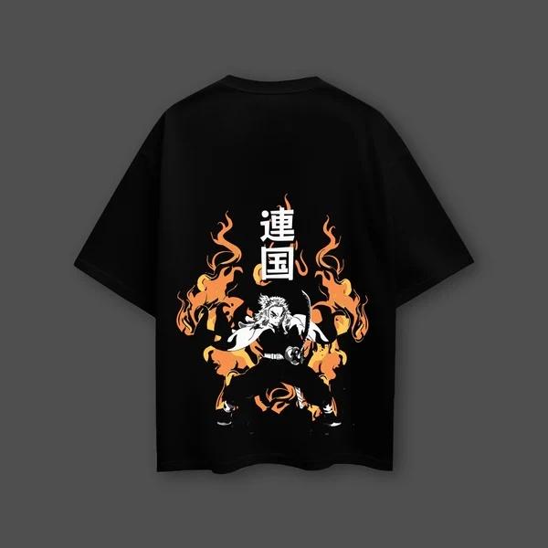 Demon Slayer Anime Kyojuro Rengoku Oversized Black Tshirt Men and Women Breathable High Quality Y2K Short Sleeve Summer Tshirt