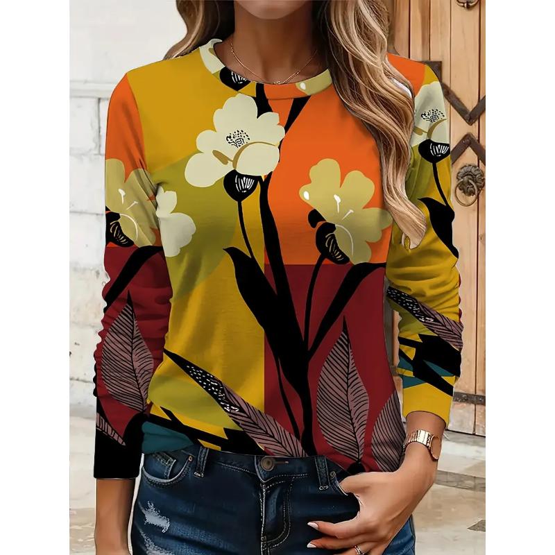 Women Casual Long Sleeve Tops Floral Graphic Geometric Tees Shirts Blouse Crewneck Fall Winter Streetwear Style Y2k Pullover
