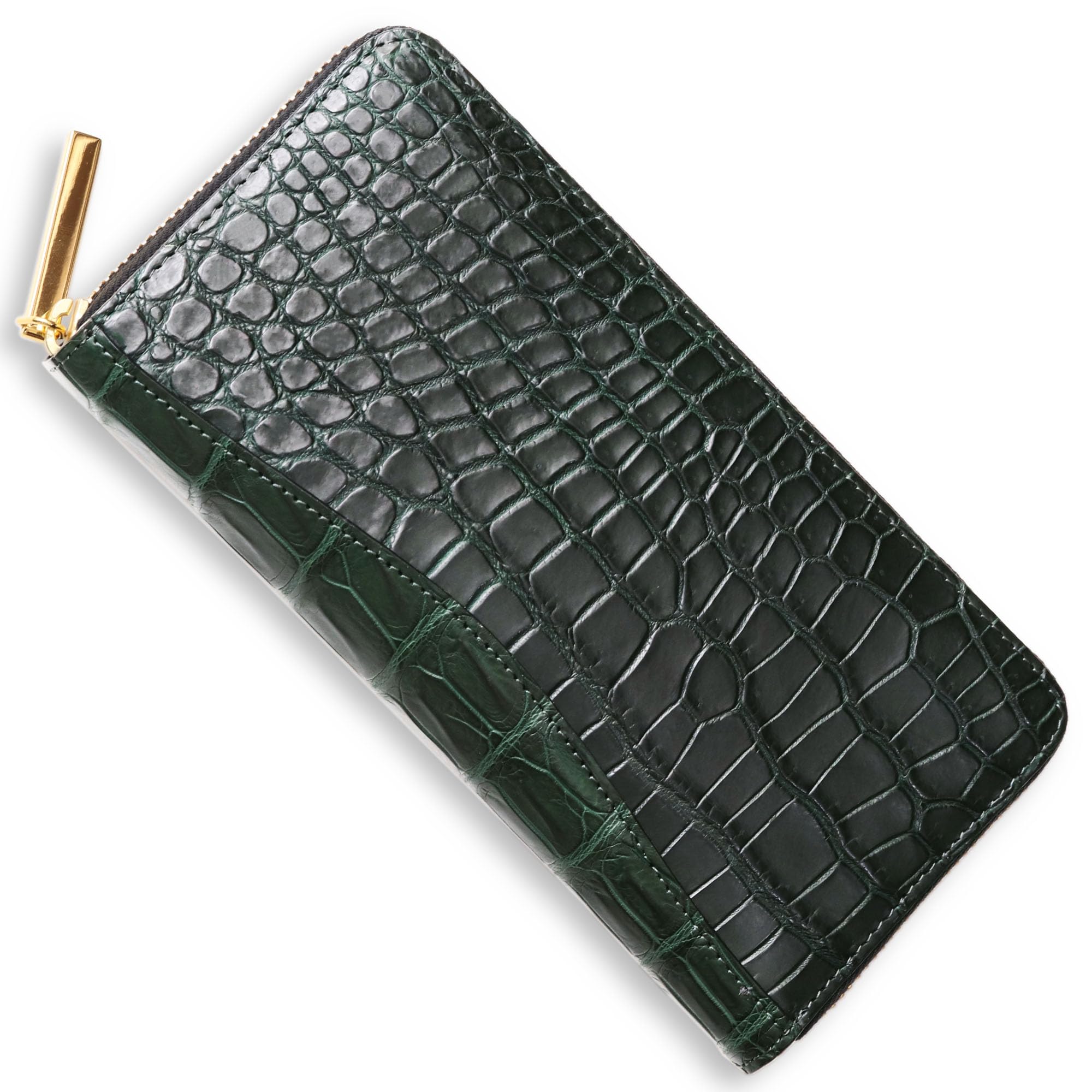

CLW Crocodile Leather Works Атлантичний Зелений Шкіряний Гаманець-Портмоне на Блискавці, Вироблено в Японії, Чоловічий Зелений Довгий Гаманець, Назва Бренду, Подарунок (Золота блискавка)