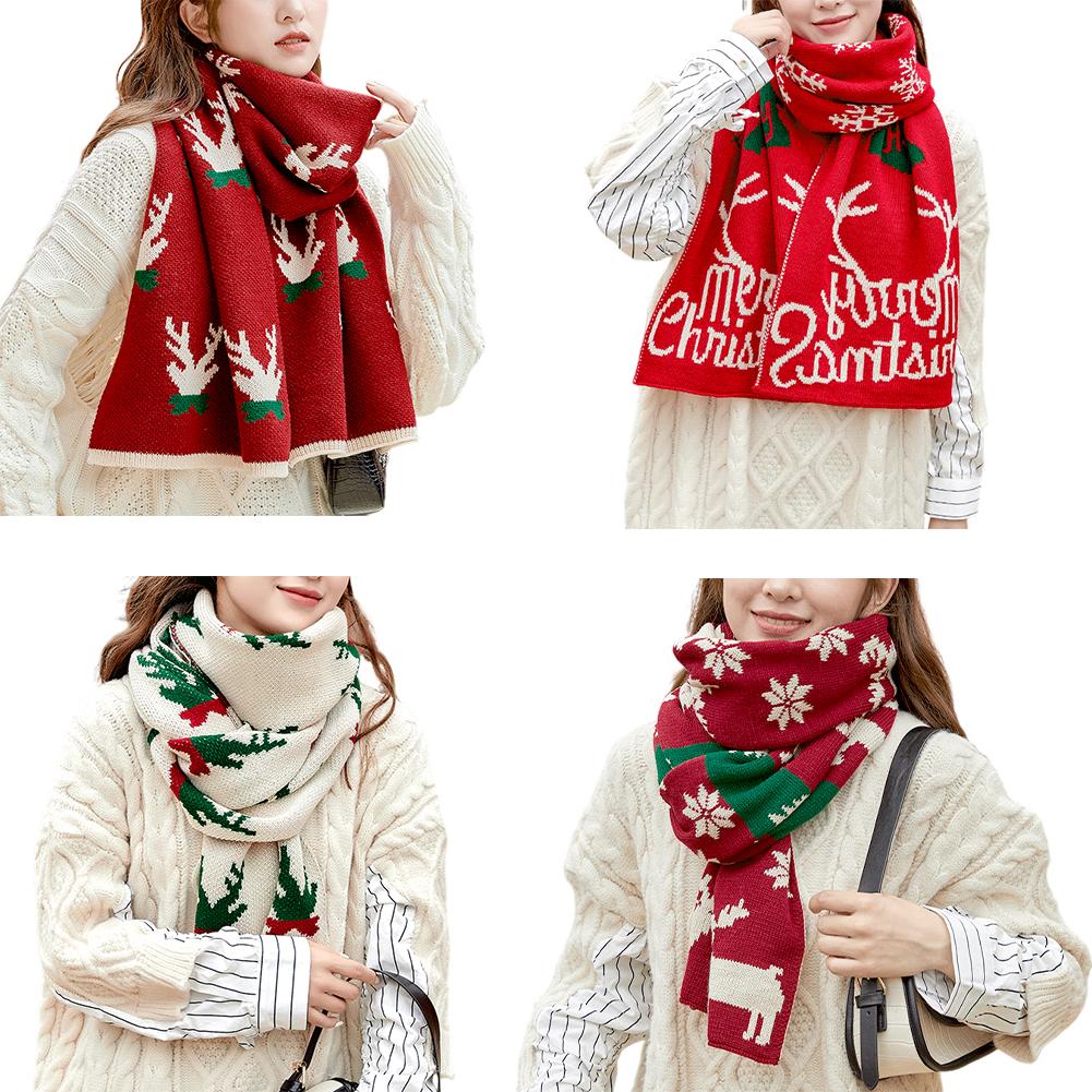 Women Christmas Scarf Deer Pattern Knitted Scarf Thick Neck Warmer Bufanda Long Windproof Soft Scarf For Winter