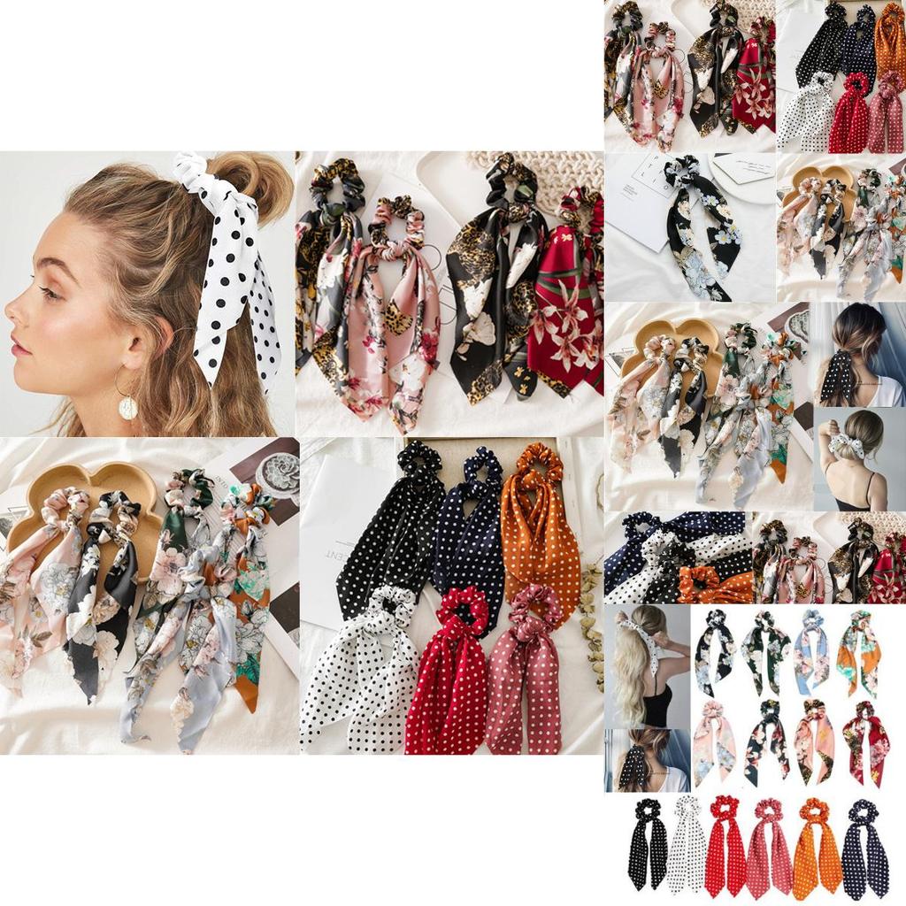 Elegant Floral Hair Bow Scrunchie Scarf With Boho Elastic Hairband And Ribbon Ties