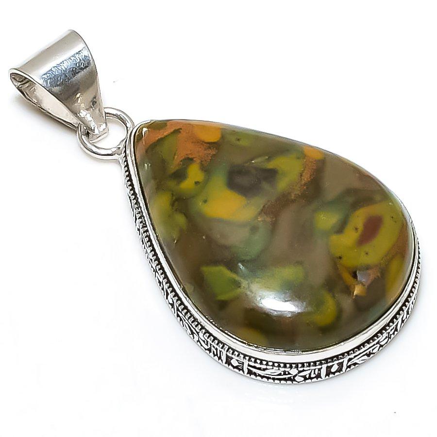 Bamboo Jasper Gemstone Handmade 925 Sterling Silver Jewelry Pendant 1.97" SU-10767