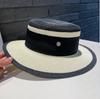 Damen Color-Block Britischer Retro Flacher Strohhut Sommer Sonnenschutz Sonnenschirm Urlaub Strand Zylinderhut