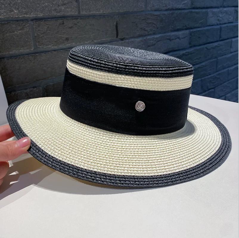 Damen Color-Block Britischer Retro Flacher Strohhut Sommer Sonnenschutz Sonnenschirm Urlaub Strand Zylinderhut