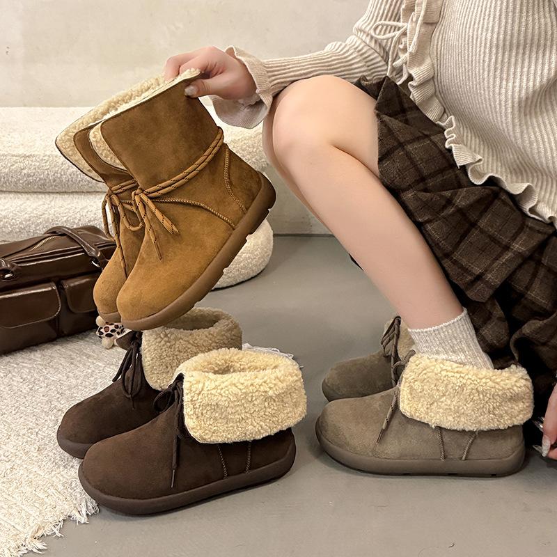 Women's Retro Two-wear Fashion Lightweight Soft Sole Winter Warm Plush Snow Boots Lined with Fleece Non-slip Casual Sports Martin Cotton Boots