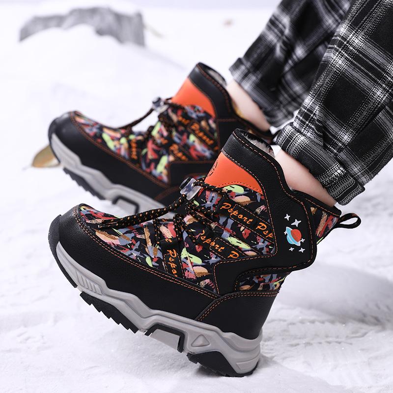 Autumn/Winter Unisex Kids Snow Sneakers Boys Plus Fleece Winter Boots Outdoor Non-slip Girls Teenagers Hip-top Snow Boots